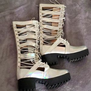 Pretty Little Thing knee high chrome boots